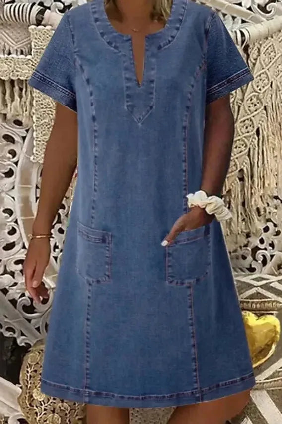 Sophisticated women's blue midi dress, an elegant A-line style offering timeless comfort for spring/summer events.