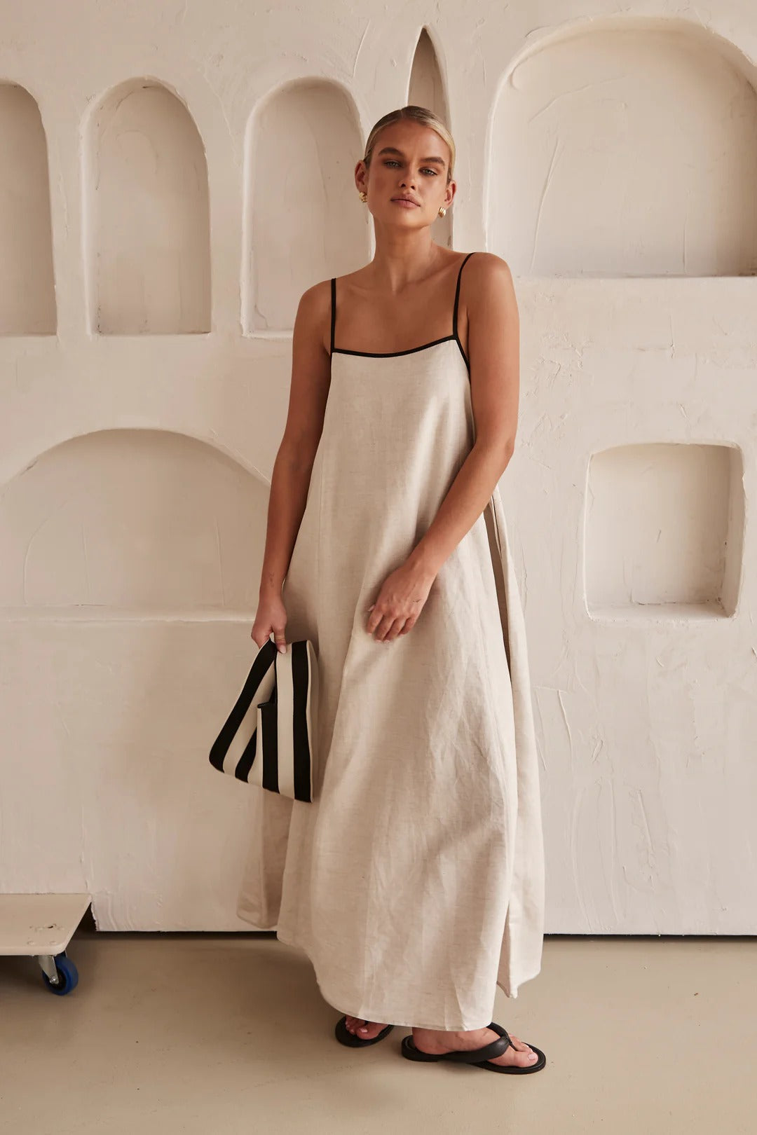 Elegant cream square neck maxi dress for women, featuring a stylish contrast trim. Perfect for summer resort wear.