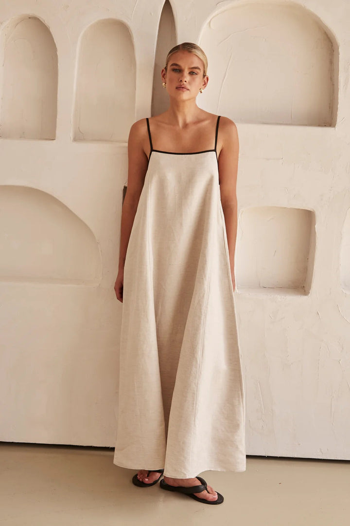 Oversized cream maxi dress, women's summer wear, featuring a flattering square neck and contrast trim.