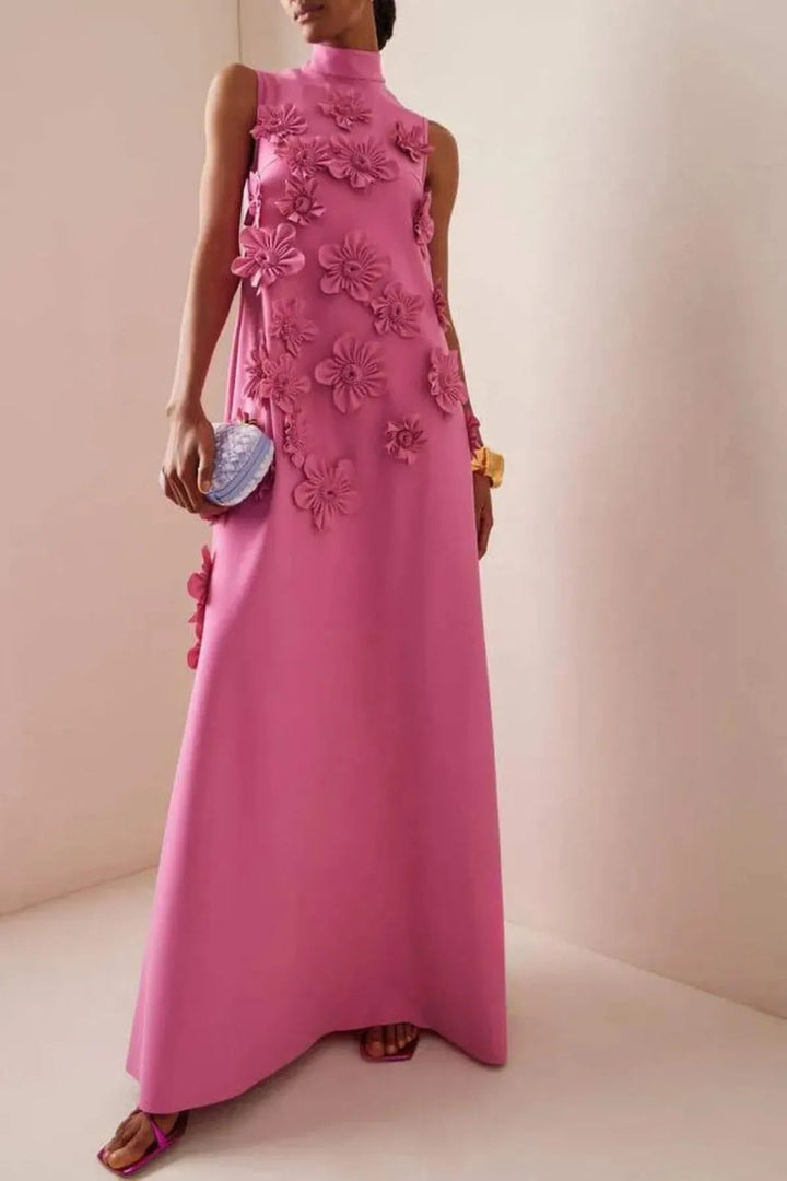 Elegant dark pink floral 3D appliqué maxi dress for women, sleeveless, with a structured neckline, perfect for summer.
