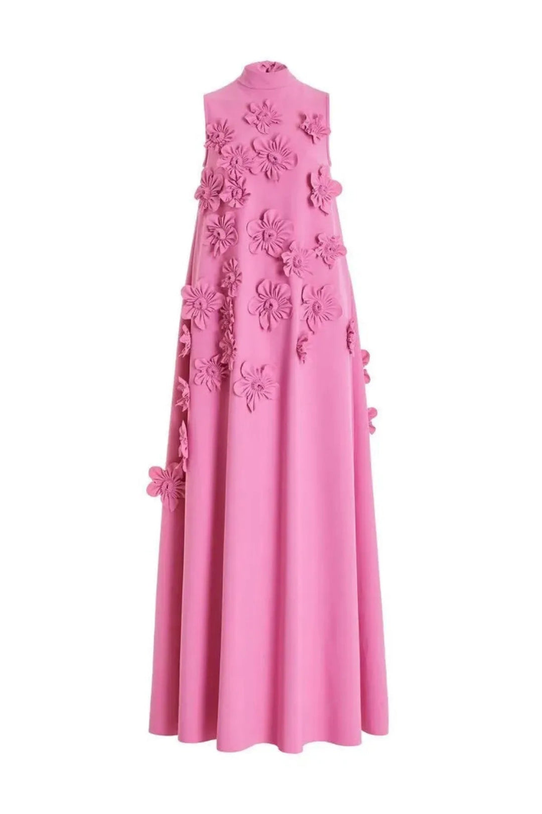 Comfortable dark pink floral 3D appliqué maxi dress for women, featuring a structured neckline, ideal for summer elegance.
