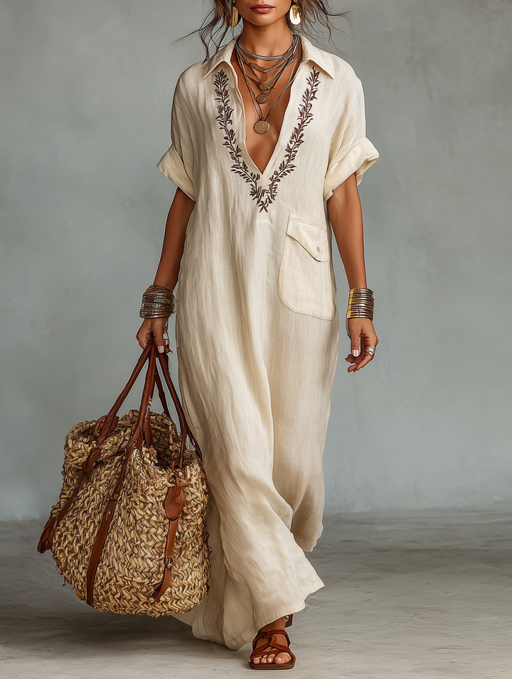 Elegant embroidered short sleeve shirt maxi dress for women. Perfect for casual summer style & vacation.