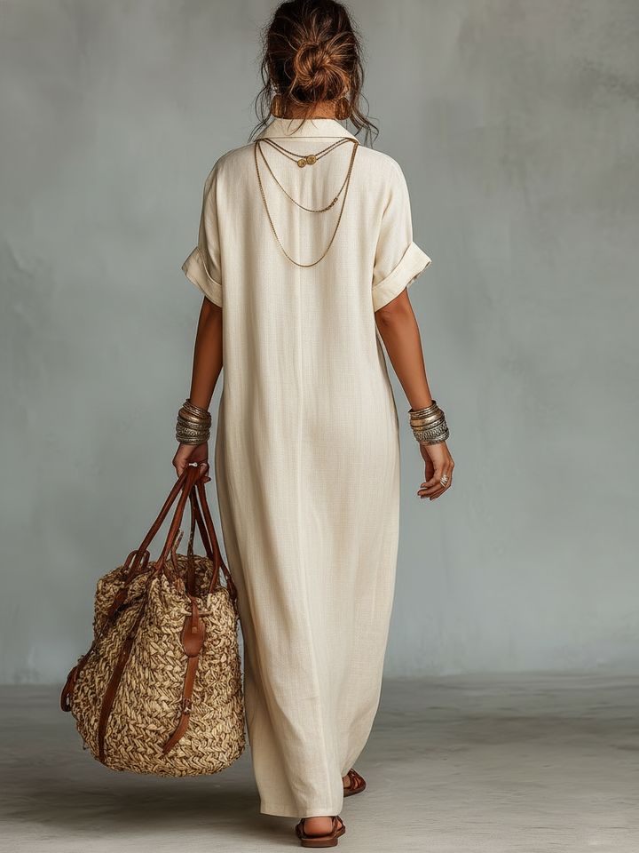Beige women's embroidered short sleeve shirt maxi dress, featuring a loose fit & elegant design for spring.