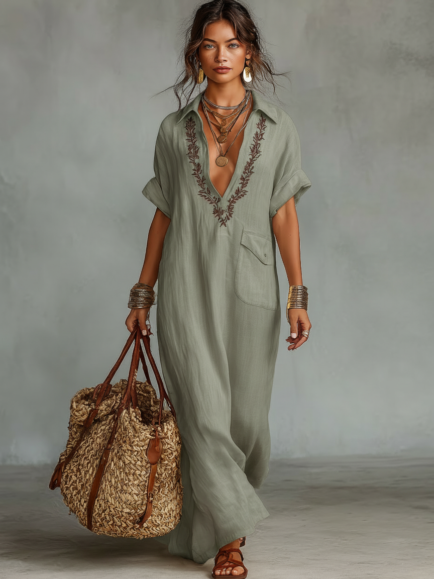 Black casual embroidered short sleeve shirt maxi dress for women. Ideal for comfortable summer fashion & vacations.