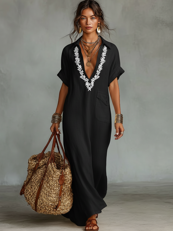 Comfortable women's embroidered short sleeve shirt maxi dress. A loose-fit spring style for elegant casual wear.