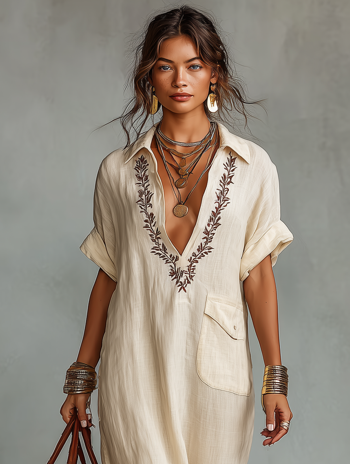 Women's elegant shirt maxi dress with delicate embroidery & short sleeves. Perfect for summer & spring vacation style.
