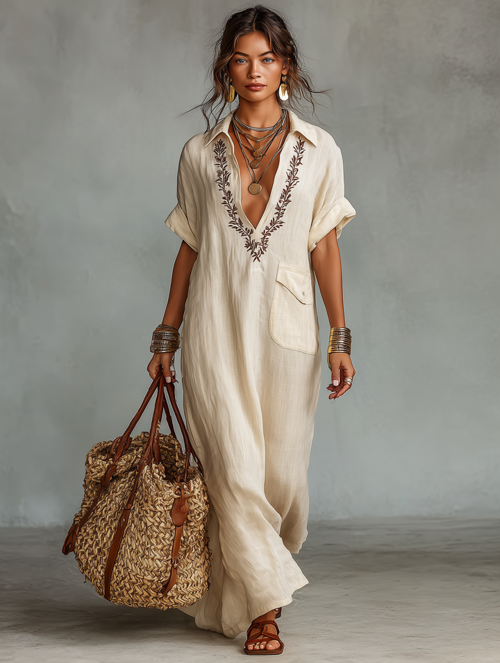 Loose-fit women's beige embroidered short sleeve shirt maxi dress. Elegant and comfortable for spring & summer vacations.