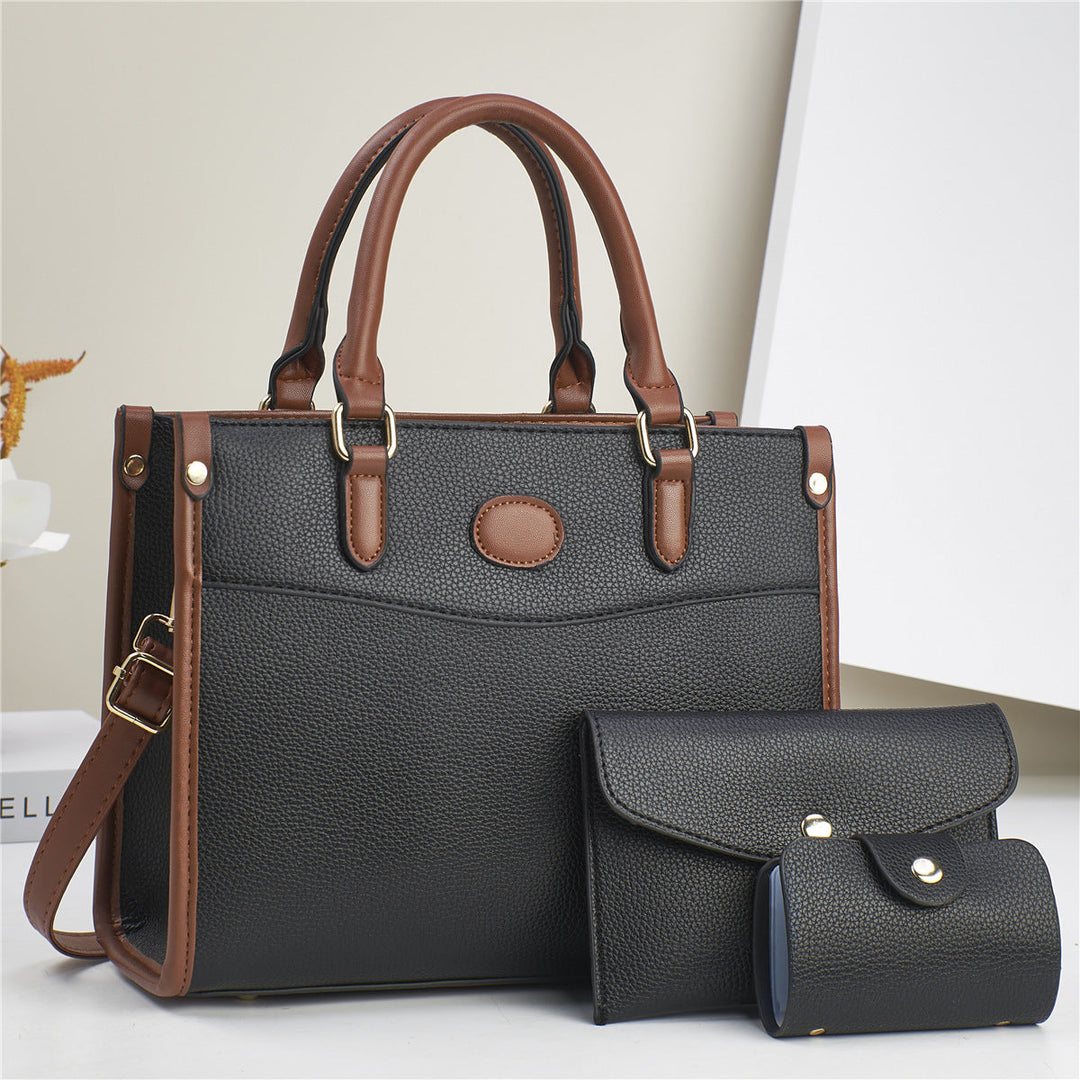 Elegant faux leather 3-in-1 handbag set for women, including a tote, shoulder bag, and wallet.