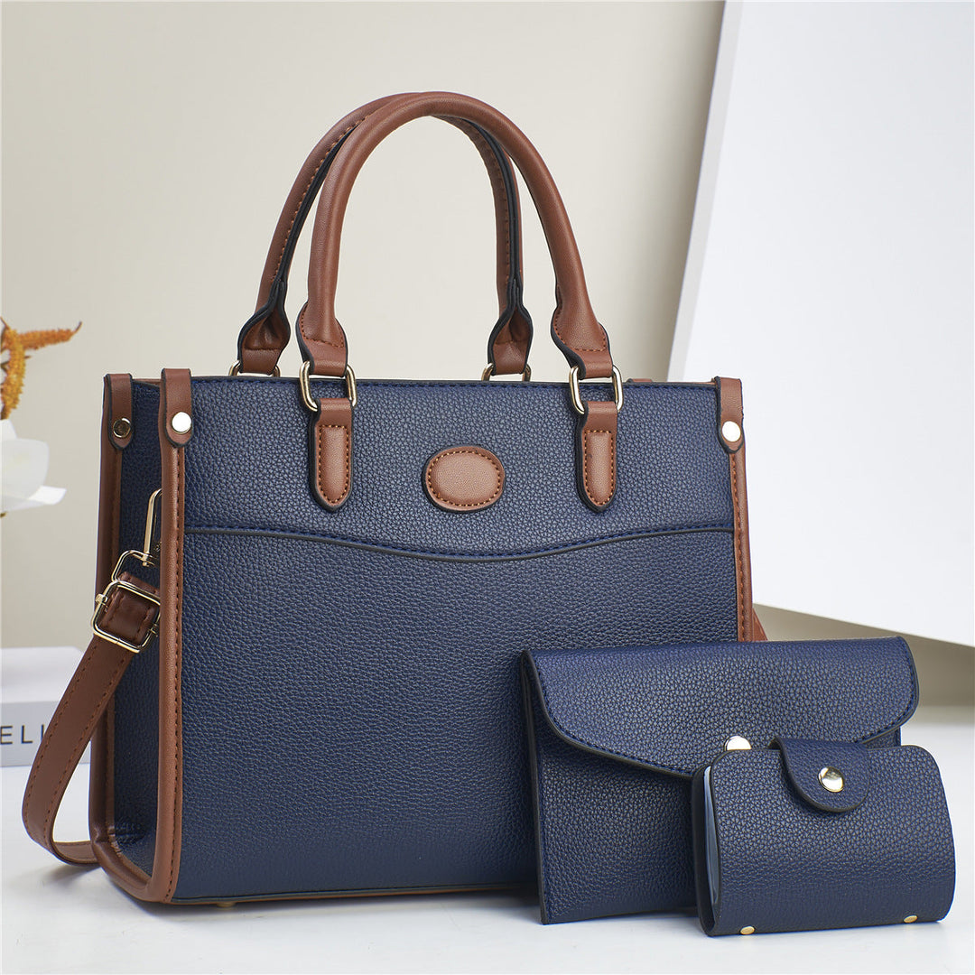 Complete women's handbag set: faux leather tote, shoulder bag, and matching wallet, versatile.