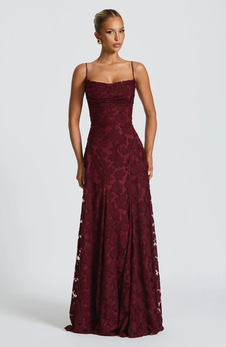 Elegant floral A-line maxi evening gown for women, perfect for formal events & parties.