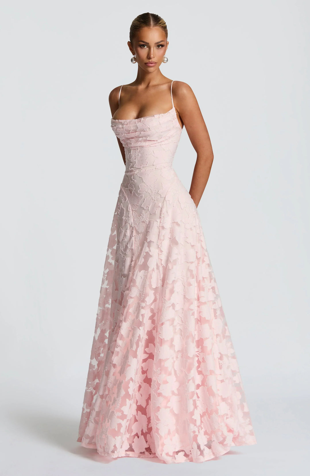Sophisticated women's floral A-line maxi evening gown, an elegant long dress for formal occasions.