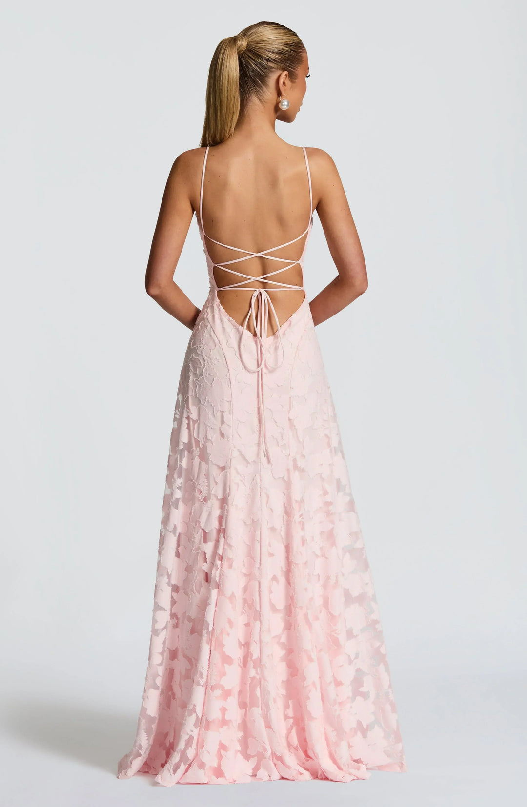 Elegant women's A-line maxi dress with floral texture & spaghetti straps, ideal for formal parties & prom.