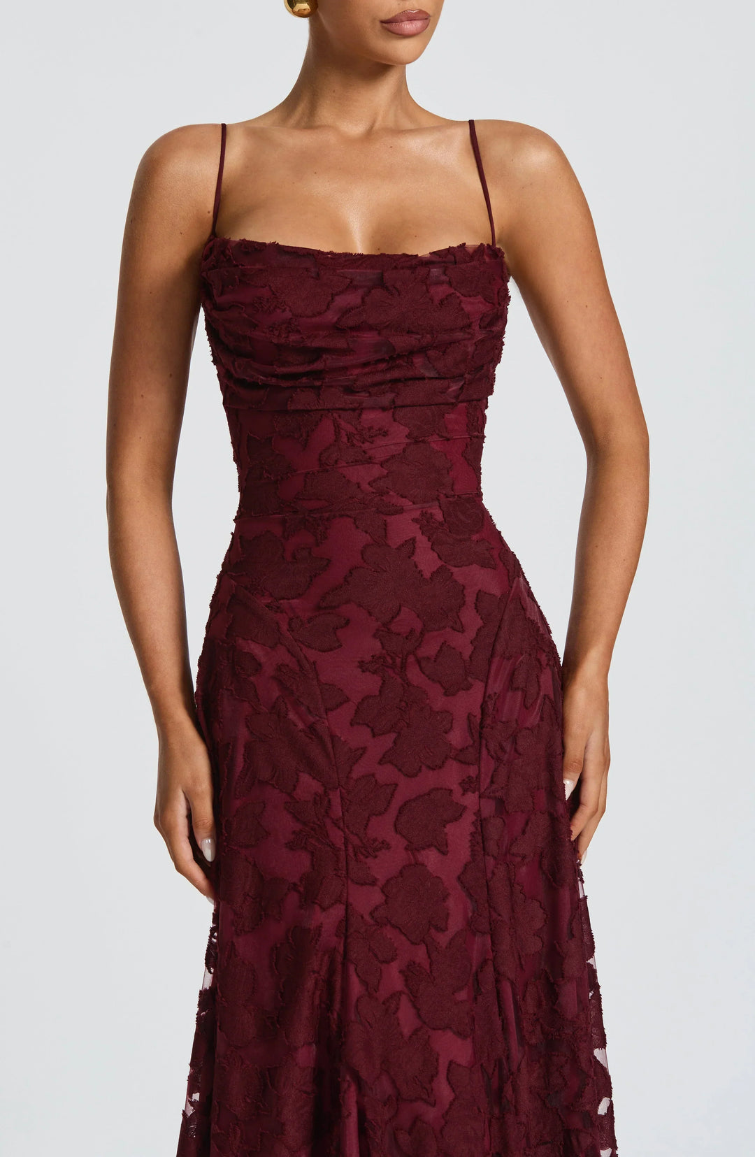 Women's A-line floral maxi gown with spaghetti straps, elegant for weddings, proms, and special occasions.