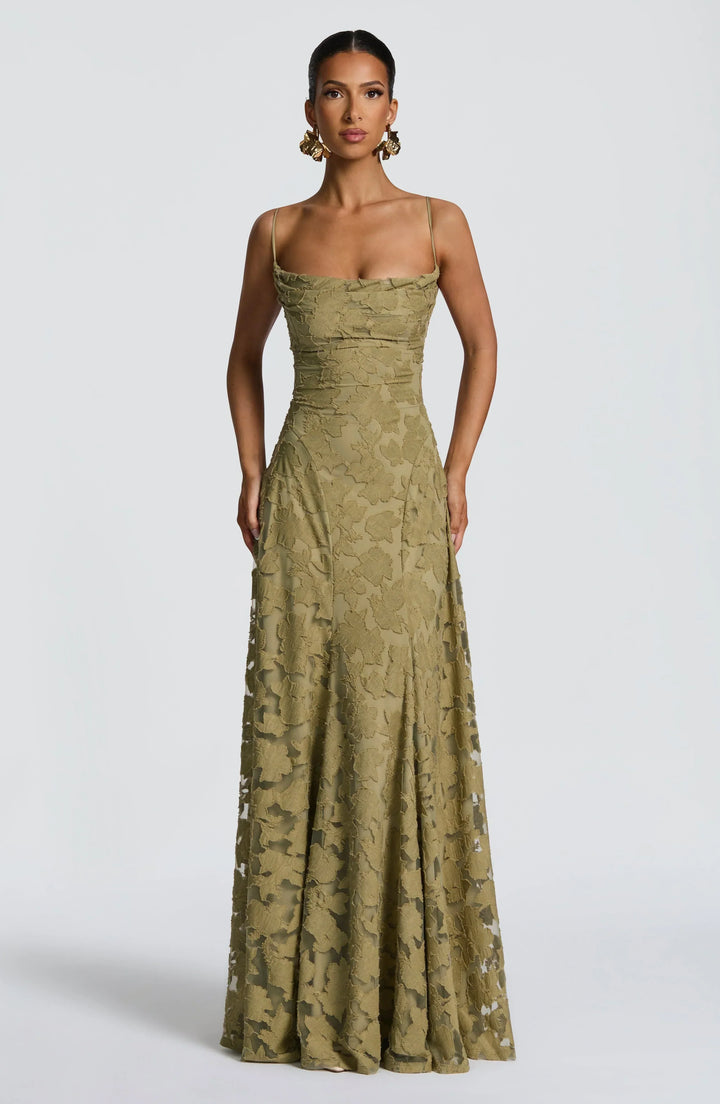 Women's elegant floral print A-line maxi evening dress, long and perfect for formal events.