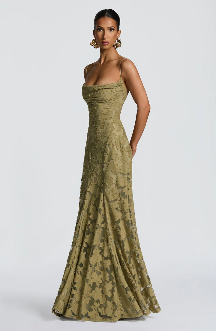 Beautiful spaghetti strap floral A-line maxi gown, an elegant women's dress for parties and proms.