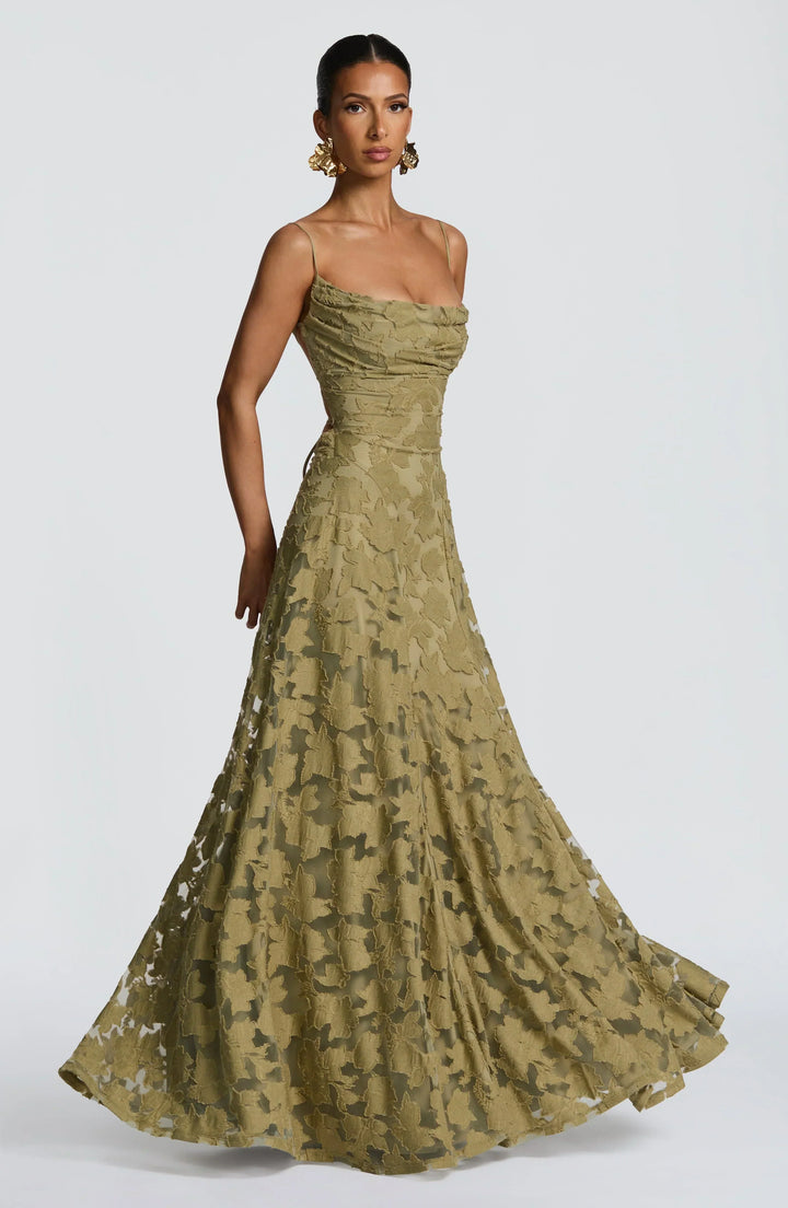 Women's sophisticated floral textured A-line maxi dress, a long evening gown for elegant special occasions.