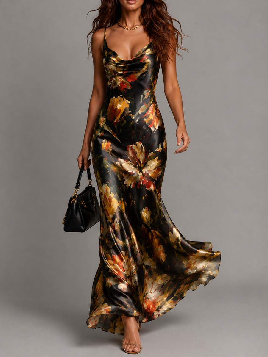 Elegant floral maxi dress for women, featuring a sophisticated cowl neck and flattering bias cut.