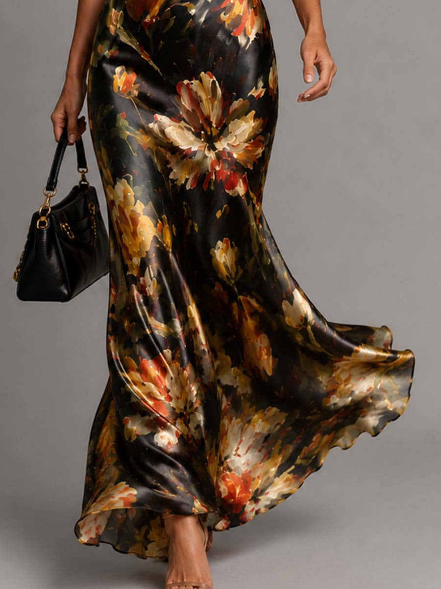 Women's formal evening floral maxi dress, perfect for parties. Elegant bias cut with a stylish cowl neck.