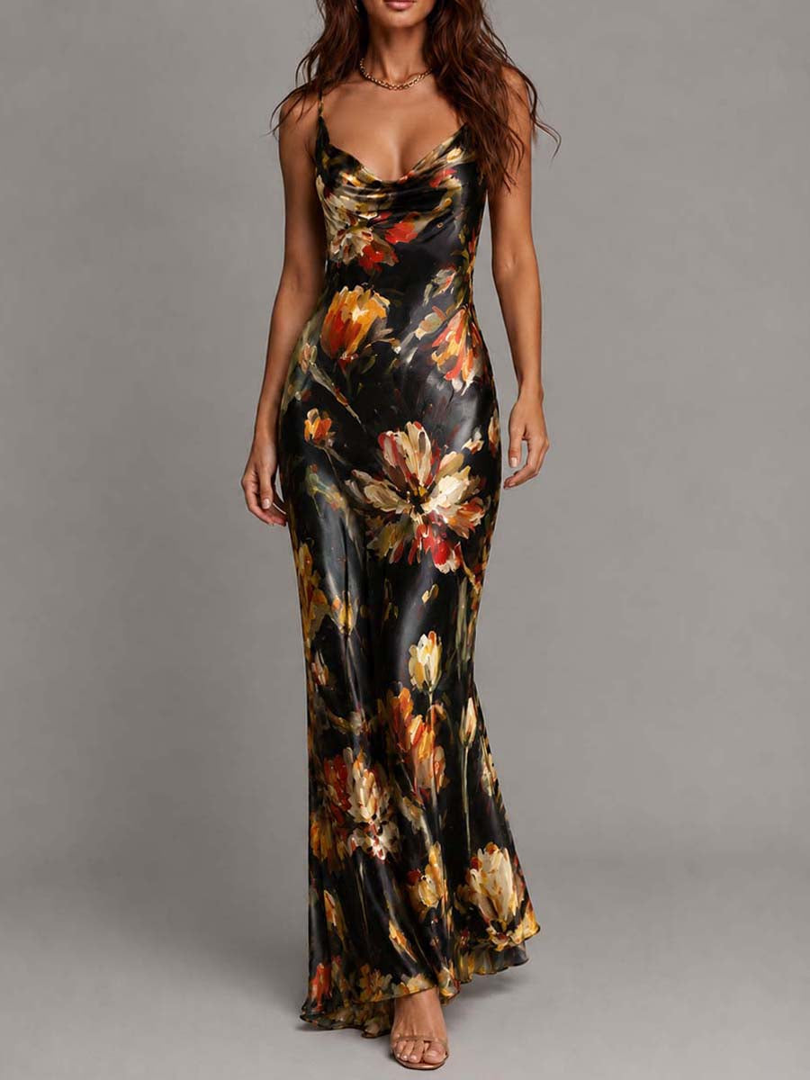 Beautiful women's floral maxi dress with an elegant bias cut. Features a chic cowl neck, ideal for formal events.