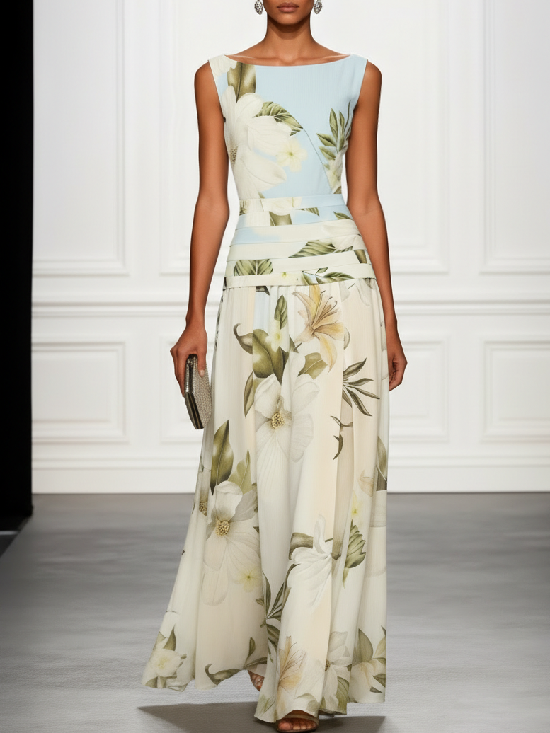 Elegant floral maxi dress for women, perfect as a wedding guest outfit.