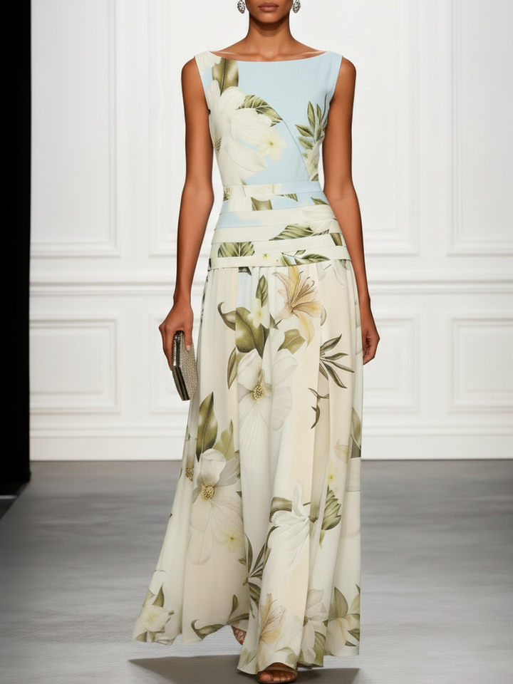 Elegant floral maxi dress for women, perfect as a wedding guest outfit.