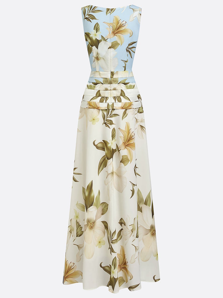 A-line boat neck floral maxi dress, a chic and elegant option for wedding guests.