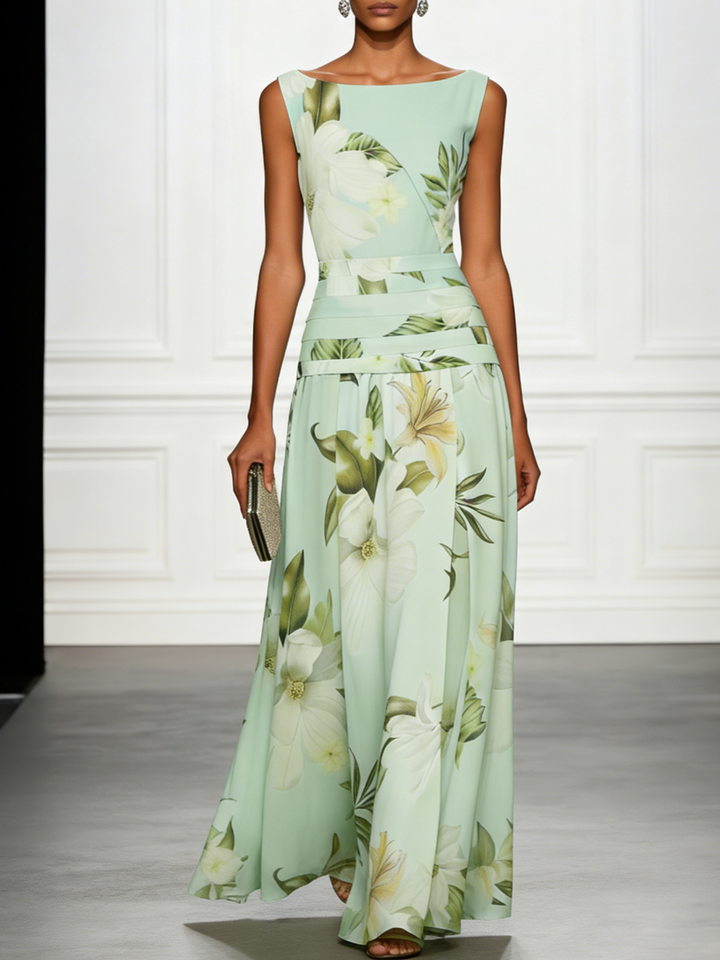 Women's elegant floral maxi dress featuring a flattering boat neck and A-line cut.