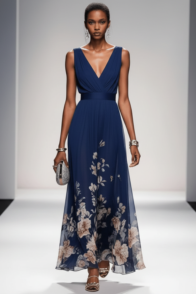 Flowy skirt detail of a romantic floral maxi dress. Elegant summer fashion, ideal for vacations.
