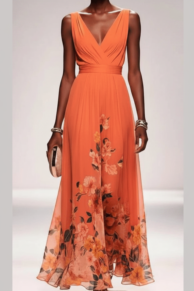 Woman in romantic floral maxi dress amidst nature. Elegant summer vacation and day dress.