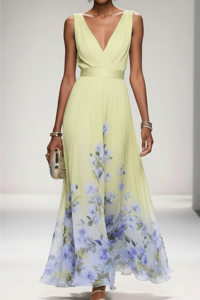 Elegant silhouette of a women's romantic floral maxi dress. Flowy summer fashion for parties.