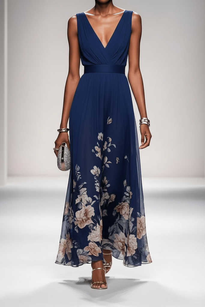 Woman twirling in a flowy floral maxi dress, showing movement. Elegant summer party & vacation dress.