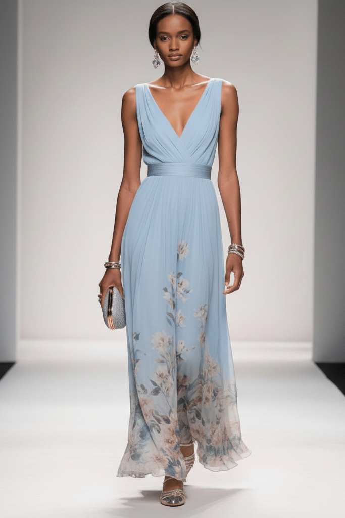 Flowy floral maxi dress, side view, showcasing elegant drape. Ideal summer vacation and party dress.