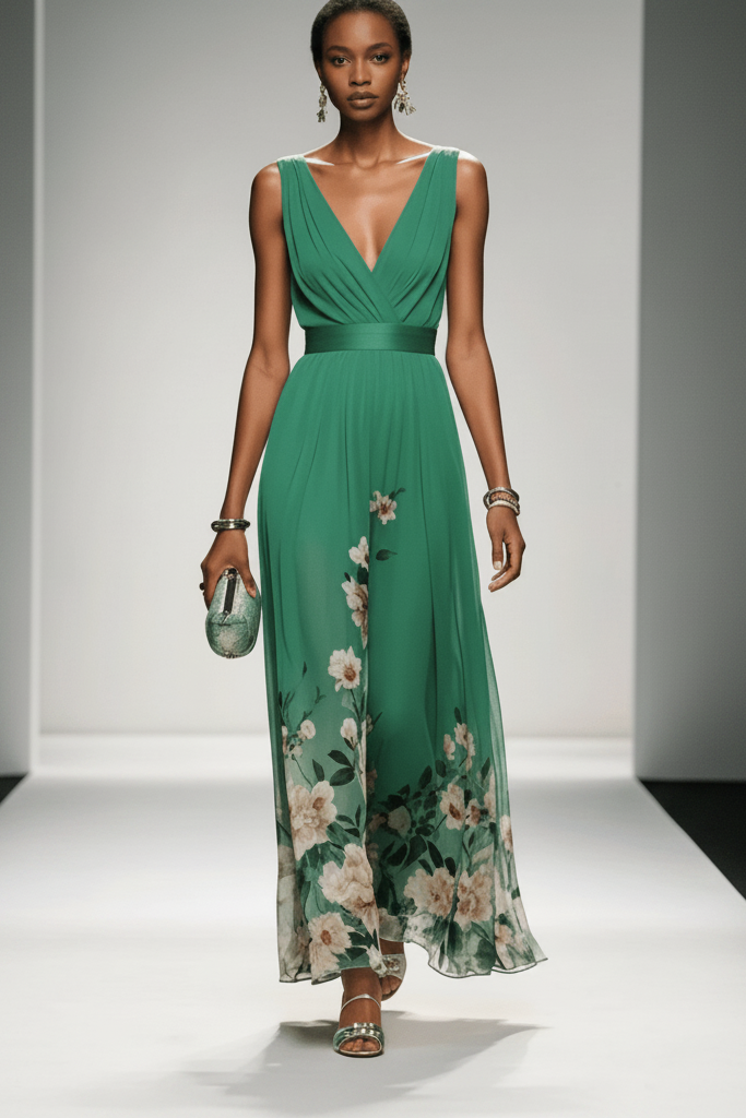 Close-up of vibrant floral print on elegant women's maxi dress. Summer occasion dress detail.