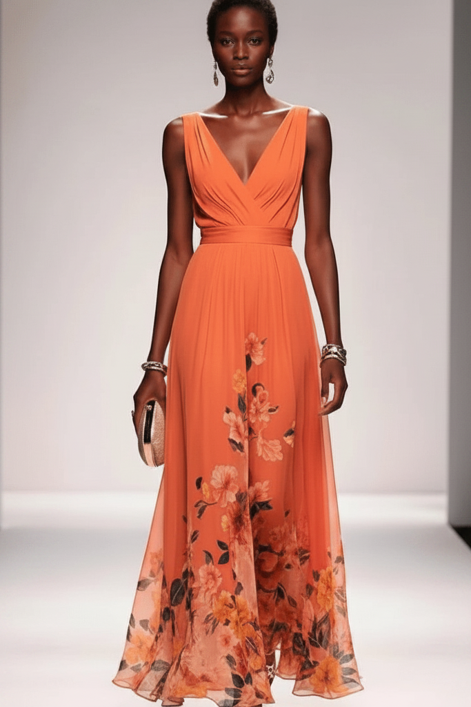 Woman in a flowy floral maxi dress, walking. Elegant summer fashion for day or evening events.