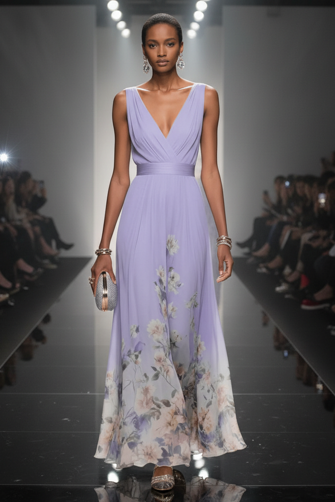 Elegant woman in a romantic floral maxi dress, sitting. Perfect for summer party or vacation.