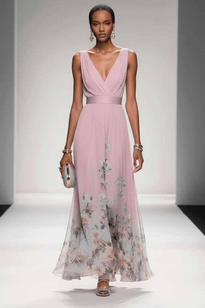 Romantic floral maxi dress styled for an evening event. Elegant women's fashion, perfect party dress.