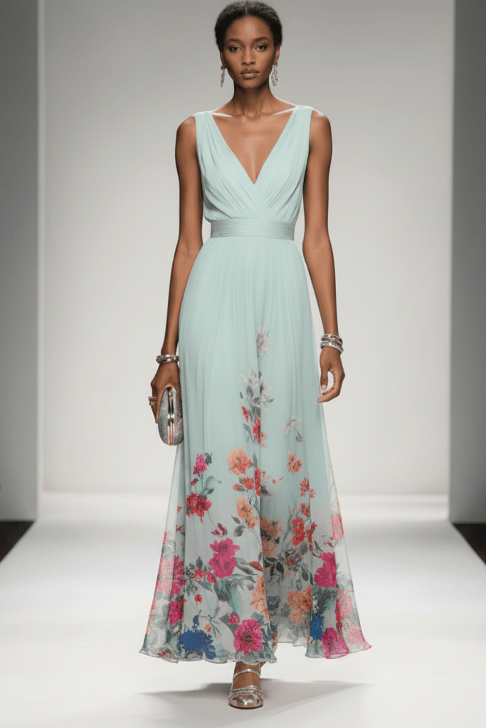 Daytime elegance: women's floral maxi dress for summer. Flowy, comfortable vacation and day dress.