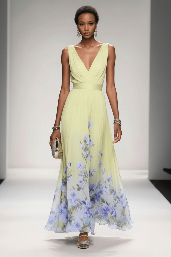 Detail of the elegant neckline on a romantic floral maxi dress for women. Summer fashion.
