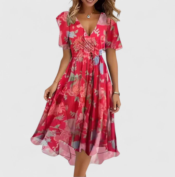 Elegant floral midi dress for women, plunge V-neck, flutter sleeves, high-low hem. Perfect for summer parties.