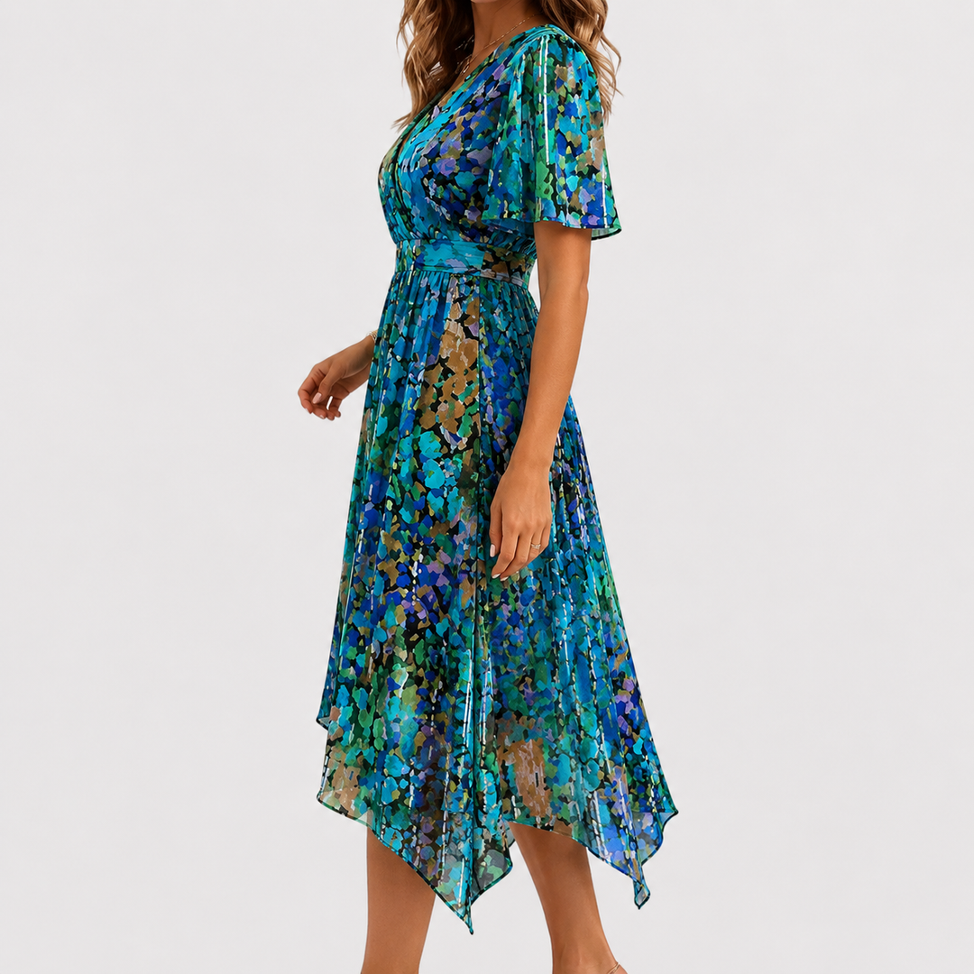 Chic women's floral midi dress with a plunge V-neck, flutter sleeves, and elegant high-low hem. Perfect for events.