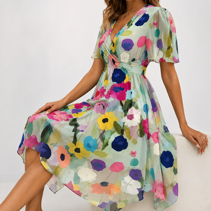 Versatile floral plunge V-neck midi dress for women, with flutter sleeves; great for parties & summer occasions.