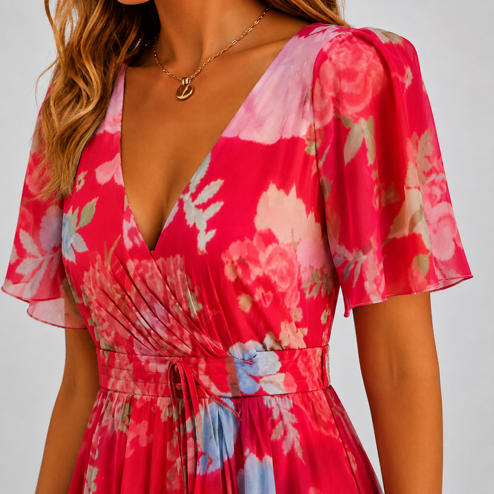 Women's elegant floral midi dress with a stylish plunge V-neck & delicate flutter sleeves. Ideal for parties.