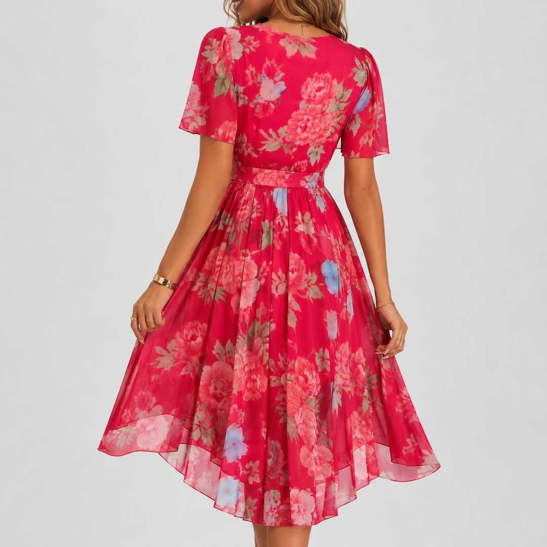 Feminine floral midi dress featuring graceful flutter sleeves & a sophisticated plunge V-neck. Perfect for summer.
