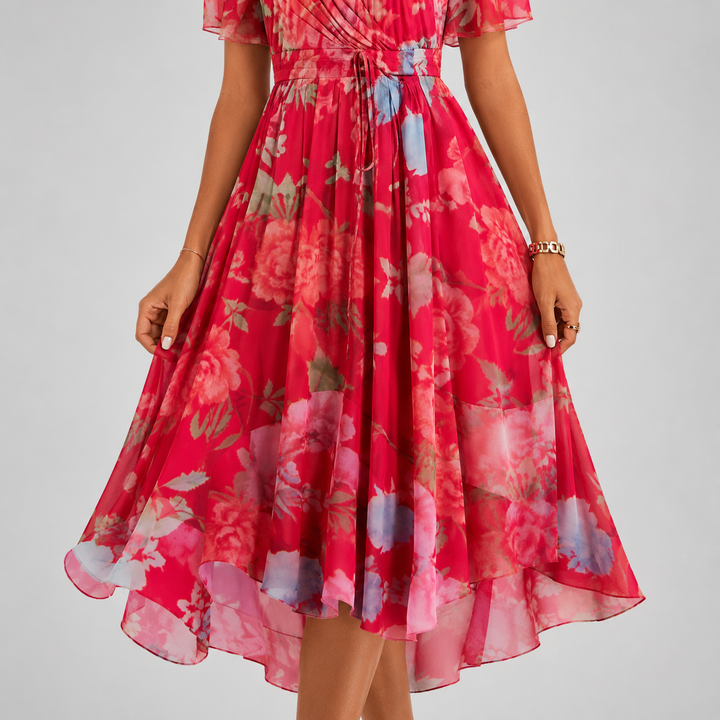 Women's floral midi dress with a trendy high-low hem, plunge V-neck, and flutter sleeves. Great for occasions.