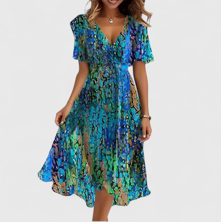 Elegant floral party dress for women, featuring a plunge V-neck, flutter sleeves, and a flattering midi length.