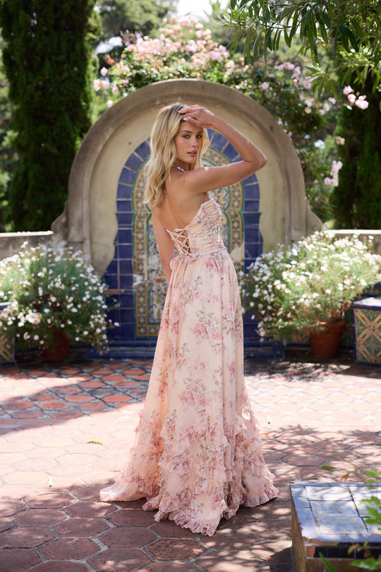 Chic floral maxi wedding guest dress with delicate ruffles, perfect for summer parties.