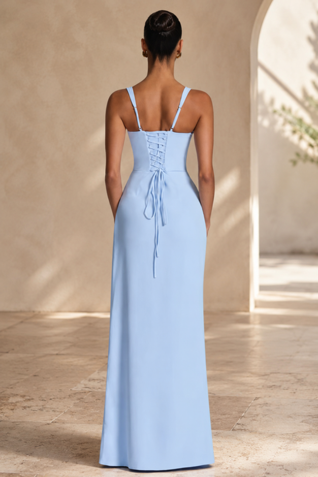 Stylish women's elegant flowing navy maxi dress. Ideal for formal events and evening wear.