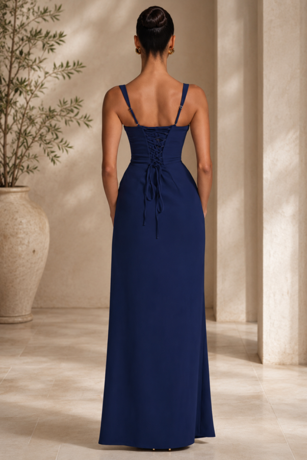 Graceful women's navy maxi evening dress, flowing and elegant. A stunning choice for formal events.