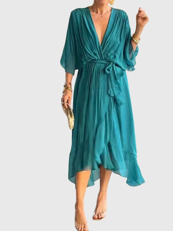 Versatile women's elegant V-neck summer dress, suitable for parties, events, or casual wear.