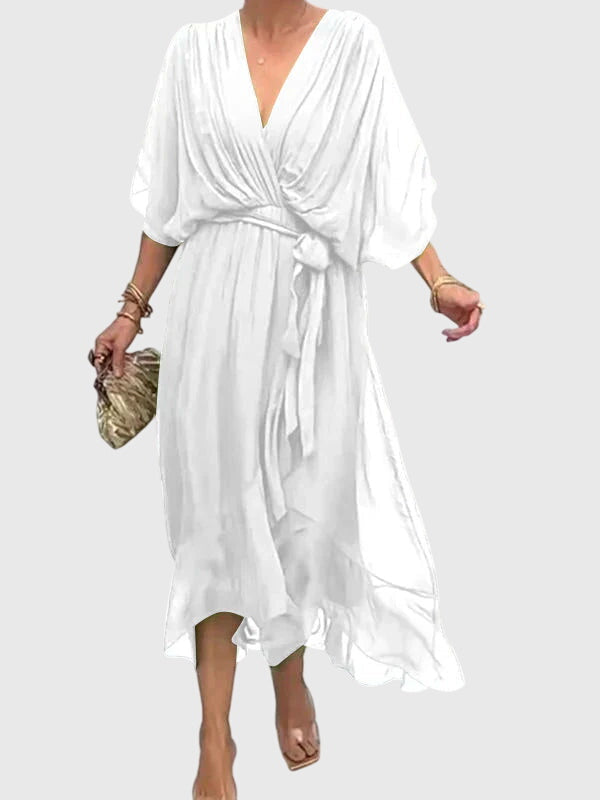 Stylish women's party dress with an elegant flowy V-neck, perfect for summer gatherings.